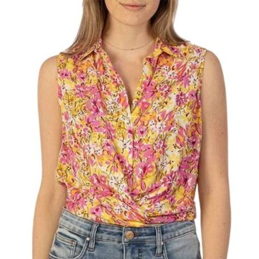 KUT from the Kloth Floral Sleeveless Twist Front Blouse Pink Yellow XL